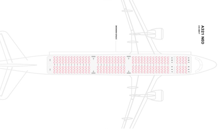 Схема салона Airbus A321neo авиакомпании Уральские авиалинии: расположение мест и шаг кресел
