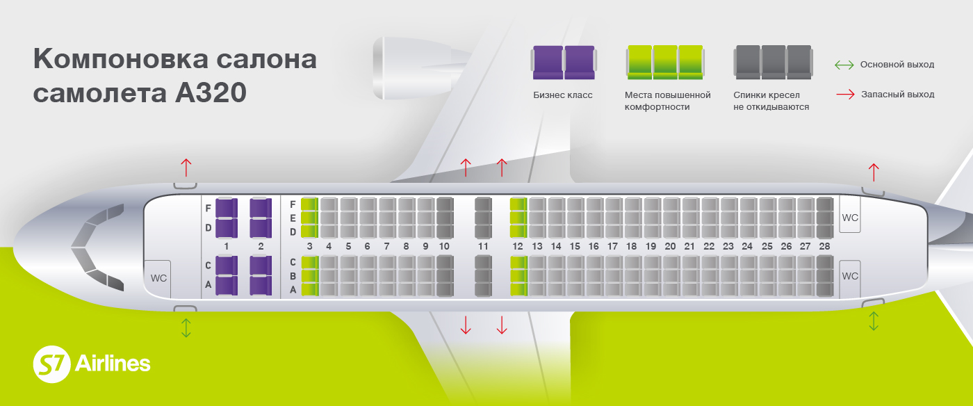Схема салона Airbus A320 авиакомпании S7 Airlines: расположение мест, места Extra Space и шаг кресел
