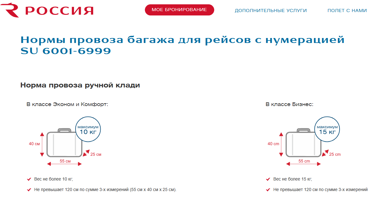 Габариты ручной клади в авиакомпании Россия на рейсах SU 6001–6999