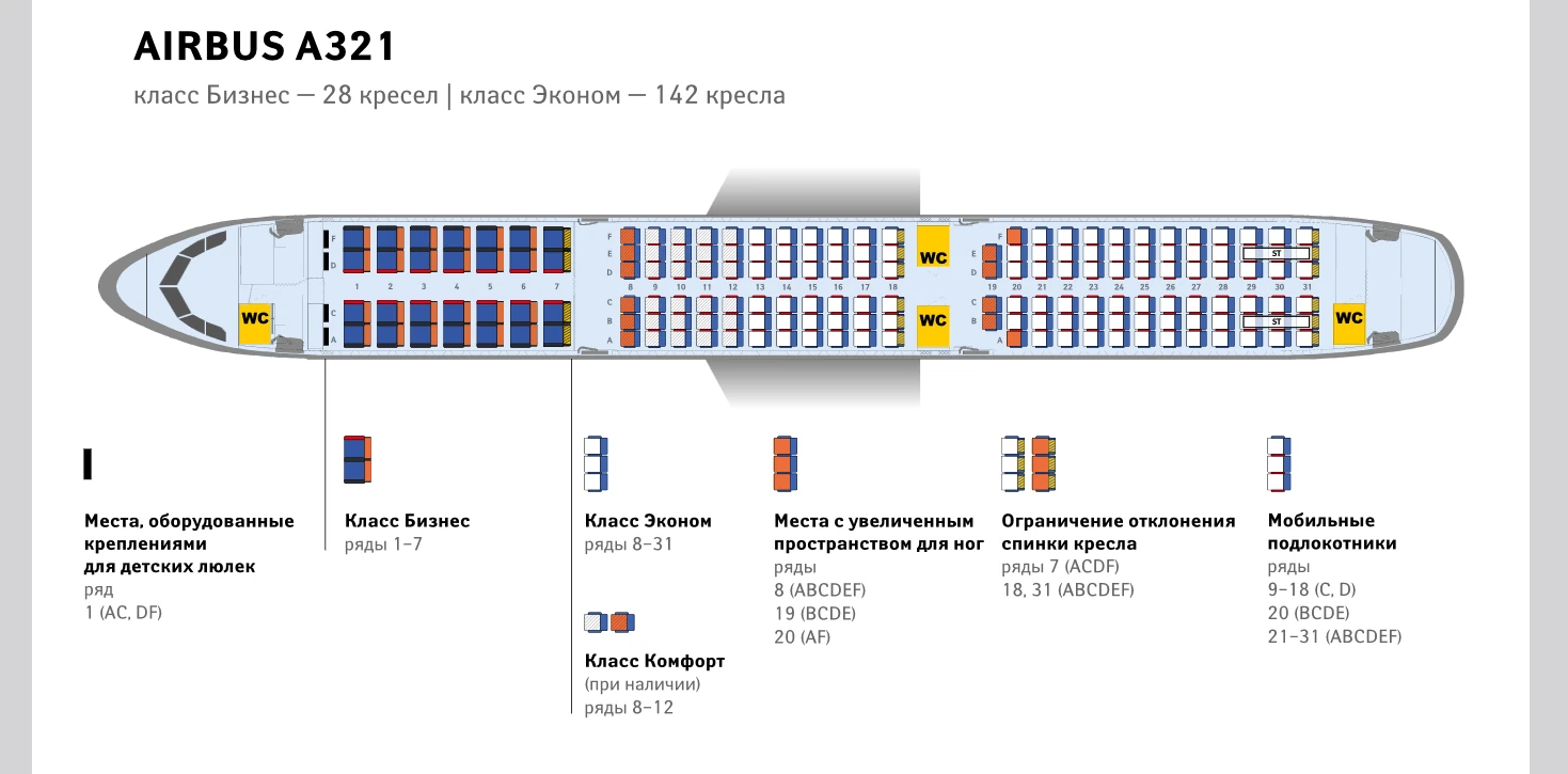 Просторная компоновка Аэробус A321 Аэрофлот на 170 мест
