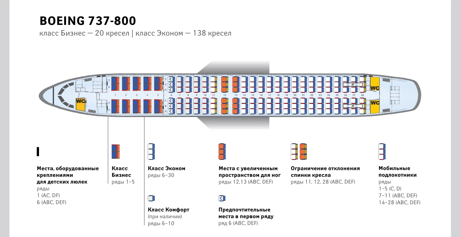 Просторная компоновка Boeing 737-800 Аэрофлот на 158 мест